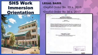 SHS Work
Immersion
Orientation
LEGAL BASIS
•DepEd Order No. 39 s. 2018
•DepEd Order No 30 s. 2017
 