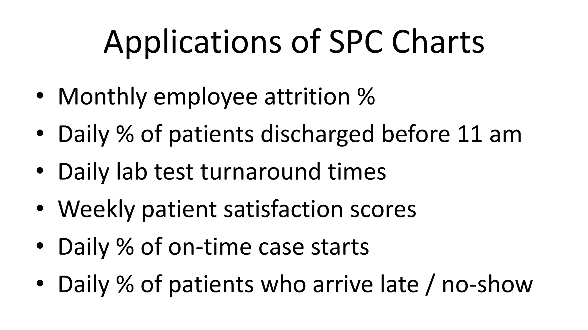 Applications of SPC Charts
•
•
•
•
•
•

Monthly employee attrition %
Daily % of patients discharged before 11 am
Daily lab test turnaround times
Weekly patient satisfaction scores
Daily % of on-time case starts
Daily % of patients who arrive late / no-show

 