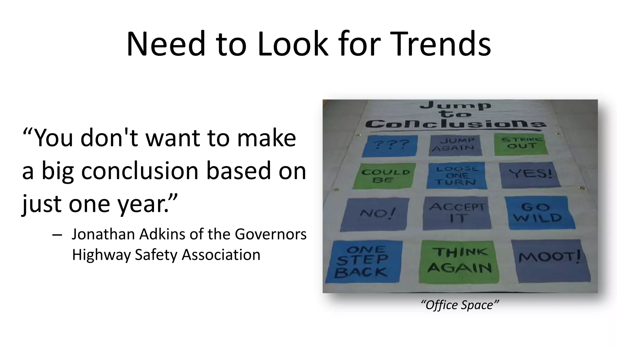 Need to Look for Trends
“You don't want to make
a big conclusion based on
just one year.”
– Jonathan Adkins of the Governors
Highway Safety Association
“Office Space”

 