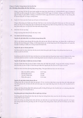 COngty C0 phan Ch{ng khorinSii Gdn Hn NQi
56 I Yiit Kieu, Holn Ki6m, Hn NQi,ViQtNam
COngty 6p dqngCh6d0 K6 toandoanhnghicpbanhdnhtheoQuy6tdlnh s6 t;lzooolqo-erC ngdy20 rhdng03
nam2006cia B0 truo'ng86 Tdi chinhva Thdngtu 244lT'l-B'tC neiLy3111212009;Thongtu s6 95/2008/TI-BTC
t'giry24 thzdogl0 ndm2008vdThOnEtu 162/2O|OITT-BTCn}i)y2O/10/20:lOciraBOTai chinhvd vi€cHudngdin
k6todn6pdqngdiSivdi c6ngrychfng khoan.
2 . TuyAnbij$ vi6ctuanthi ChLfin xucktitodnyACh6d6kii todn
COngty dd6pdqngciicChudnmgc kOtoanViet Namvd cacvdnb,rr.huqngd6nChudnmuc do Nlid nu6cda ban
hanh.CiicbAo.caotdi chinhdugcl{p vdtrinhbdytheodirngmoi quydinhcia tirngchuAnmuc.thdngtu huongdin
thrrchi6nchudnmucvaChedokelodnhienhdnhdangip dung.
3 . tnnh thLrckAban ap d hF
Cdngty 6pdgnghinhthfc kdtoiintrenmAyvi tinh.
l
IV . Cdcchinhsich kAtoin ip dUng
NguyGntdcghinhfn tiin vi crickhodntuo-ngcluongtiin
Tienvd c6ckhoantuongduongti€nbao.gdmtidnm{t t?i quy,tidneti nganhing, cackhodnddutu ng6nhancd
thdi h?nd6ohankhOngquii3 th5ng,c6tinhthanhkhoturcao,c6khi ning chuyiind6i dAdangthdnhcdcluongtidn
xricdinhvdkhdngc6nhidurii ro trongchuy€nd6ithanhtidn.
NguyGntic ghi cic khoar phii thu
CAckloanphiiirhuduoctfinhbd)rrenbio criolii chinhrheogia(righisdci:ngroi duphdngduocldpchocdc
kioirnnophdithukhdddi.
Du phdngng phAithu kh6ddi dugctdch lQpchocdclchodnphaithudaqu6h?nthanhtodnti 3 thilngrrd len.hoac
cAckhoanphaithumddonvi no kh6cdkhanangthanhtodndobi thanhl)i,ph6sdnhaycdckhdkhdntuongru.
Nguyantic ghi nh{n vi khiu haotii sdnciidinh
Tirisanc6dinhhnuhinh.taisanc6dinhvd hinhduocghinhanrheogii gi5c.Trongqui Llinhsudqng.rri sdnc6
dinhhtu hinh,tdi sanc6dinhvOhinhduqcghi nhantheonguyengiri.haomdnlu! k6vdgi6tri cdnlai.
KhAuhaoduoctrichtheophuqngph.ip_duongthing.Thoi giankhiu haoduqcudctinhnhusau:
- MAymdcthidtbl.rhidrbi 0i-07nirn
- Phuongtienvantdi 06ndm
- Tai sancii dinhkh6c 04ndm
- Phanm€mquzLnly 03-05nam
Nguy6ntic ghinh{n chfrg Lhorindiu lu
Chfngkhoandautu duocghi nhanrheogirig6c.Cd Lucv,rtriiiluc nhdnduQclrorlgnamdLrqcghi nhirrgicnrgid
v6nchrlngkhoand6i vdi khoanlai diintichtrudcngdymuavdghinhantdngdoanhthuddutu d{5ivdi phanlai kern
ngdymua.
COngty 6pdungphuongph6pbinhqudngiaquyin di ddnedetinh girivi5nc6 phi6ub6nra vd phuqngphapdinh
danhddtinhgiriv5ntrriiphi6ubrinra.
Dq phdnggiamgirichringkhodndiu tu ngin h4n,dli han
Du phdnggiamgi6chfng khodndugcl6pchottng loaichringkho6ndugcmuabdntrenthi trudngvdcd gilitri thi
truongthaphongi6tri ghis0.
Ciatriihitrusngcuachungl-hodnnidmldt duocrdcdinh encosogidlihopldnh(gichrnhqurrrdoi!or 50giao
dichchungkhorinHirNdi.gii d6ngcia doivoi Sogiaodichchringklro;nThinhpholto Chi Minh)tairhdidien
bAoc6o
 