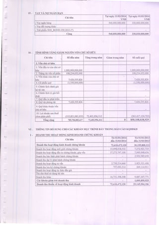 1 5 . A No NGAN
16. TiNH HiNH TANG,GIAMNGUdNv6N cHT]SO.H.TU
THONGTrNBOsuNGcHo cAc KHoANuuc rninn nAYTRoNGBAocAo KQHDKD
CHIING KHOAN
vL
l .
Chitieu
T1i ngiy 31/03/2014
VND
'l4i ngny 0 0112014
VNI)
- Vavneanhene 540.000.000.000 330.000.000.000
- Vay d6i tuons khdc
- Tr6iphi€uSHSBOND.350.2011(x)
c0ns s40,000,000,000 330,C00,000,000
Chi ti6u Sddiu nim Ting trorg nim Giiimtrongnim Si5cuiiiquj
I. V6nchiis6hiiu
L V6ndiu tu crlachirsd
hnu 1.000.000.000.000 1.000.000.000.000
2.Thangduv6ncOphan 108.234.052.000 r08.234.052.000
3.V6nkhdccirachris0
h0u 7.420.555,826 1.420.555.826
4.C6phi0uqui (1.550.000.000) 0.550,000,000)
5.Ch0nhlQchd6nhgi6
lai tAisan
6.Ch€nhl€chI gi6h6i
do6i
7.Ouidautuphattrien
8.Ou!duDhdnstdi 7.420.55s.826
'7
-420.555.826
9.Qu! khricthuQcv6n
chi sdhfu
10.Lqi nhuin sauthu6
chuaphdnph6i (335.821.081.035)'12.403
.956.3t2 (263.41'7.t24.723
T6ngc0ng 7E5,104,0E2,6r7 72,403,956,312 0 858,108,038,929
DOANH THU HOAT DONG KINH DOANH CHIING KH
Chi ti6u
Tn 0l/01/2014
di:n3110312014
Trlr0l/01/2013
86n31ft312013
Doanhthu hoatalongldnh doanhchringkhodn 72,610,472,120 30,155,800,1II
Doanhthu hoat ddng m6i gidi chtng khoan 15.098.018.532 7.2'72.921;735
Doanhthuhoatd6nsddutu chrinekhoan.s6pv6n 37.273.74'7.100 7.949.948.636
Doanhthu bAolAnhDhdthrinh chims khoan 2.952.985.650
Doanhthudaili Dhathdnhchunekho6n
Doanhthuhoatd6nstu van 2;750.214.666 r.823.51I.408
DoanhthuluukVch&nskhoan
'75'1.093.514
269.1r.l.9rl
Doanhthuhoatd6neiy rhiicdausiii
Thuchothuesri dunstAi sa,n
Doanhthu kh6c 16.731.398.308 9.88',7.30',7;7'7
Cic khoin siim trrhdoanhthu 1,009,895,925
Doanhthu thudr v6ho4talongkinh dornh 72.610.472.120 29.1,15,904.186
 