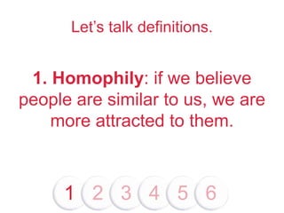 Let’s talk definitions.
1 2 3 4 5 6
1. Homophily: if we believe
people are similar to us, we are
more attracted to them.
 