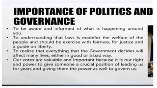 CONCEPT OF POLITICS GOVERNANCE AND GOVERNMENT | PPTX