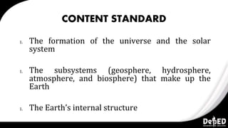 CONTENT STANDARD
1. The formation of the universe and the solar
system
1. The subsystems (geosphere, hydrosphere,
atmosphere, and biosphere) that make up the
Earth
1. The Earth’s internal structure
 