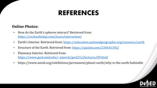 REFERENCES
Online Photos:
• How do the Earth's spheres interact? Retrieved from:
https://eschooltoday.com/learn/interaction/
• Earth’s Interior. Retrieved from: https://education.nationalgeographic.org/resource/earth
• Structure of the Earth. Retrieved from: https://quizlet.com/234641392/
• Planetary Interior. Retrieved from:
https://www.geol.umd.edu/~jmerck/geol212/lectures/09.html
• https://www.amnh.org/exhibitions/permanent/planet-earth/why-is-the-earth-habitable
 