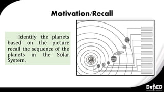 Motivation/Recall
Identify the planets
based on the picture
recall the sequence of the
planets in the Solar
System.
 