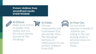 At School.
Make sure school
is smoke-free
inside and out.
All school events
should be “No
Smoking.”
In Public.
Choose
restaurants and
businesses that
are smoke-free.
“No Smoking”
sections in
restaurants do not
protect children
from SHS
In Your Car.
Do not allow
anyone to smoke if
children are
riding in the car.
Rolling down a
window does not
protect
them.
Protect children from
secondhand smoke
EVERYWHERE
 