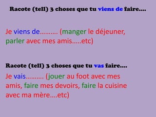 Quelle sont les différences entre le
    petit-déjeuner en France et aux États-
                    Unis?




1) Les petits déjeuners en France sont simples et petits. Les petits déjeuners aux Etats-
Unis sont plus grands.

2) Aux Etats-Unis on mange des oeufs et du bacon pour le petit
déjeuner. En France on mange les oeufs seulement (only) pour le déjeuner et le dîner. En
France on ne mange pas de crêpe pour le petit-déjeuner. Les crêpes aussi sont pour le
déjeuener et le dîner.

3) En France on prend les boissons chaudes (café au lait, chocolat chaud) dans des bols
 