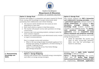 Republic of the Philippines
Department of Education
BUREAU OF LEARNING DELIVERY
Option 2. Energy Feud
Learners will engage in a competitive quiz game inspired by Family
Feud, testing their knowledge of energy conservation while
promoting team collaboration and critical thinking.
 The learners will be divided into two teams (or more
depending on class size)
 Each team selects a captain to lead discussions.
 The teacher will prepare survey-style questions on energy
conservation.
 Learners take turns guessing answers, aiming to name the
most common response.
 Answers are ranked based on pre-determined survey results
or expert recommendations.
Here is a sample survey-style question:
1. What is the top energy hungry household appliance? (41-
Heating and cooling, 25-appliances, 23-water heating, 6-
cooking, 5-lighting source:
https://www.synergy.net.au/Your-home/Energy-
tips/Energy-saving-tips
Option 2: Energy Feud
This activity supports the IDF’s interactive
and collaborative learning principles, using
a game-based approach to deepen mastery of
energy conservation. By engaging in peer
discussion, strategic thinking, and
knowledge recall, students reinforce key
concepts in an engaging format. The survey-
style questions encourage real-world
application, while the competitive setup
fosters teamwork and analytical reasoning,
ensuring students actively process and retain
energy-saving practices.
 NOTE TO TEACHER: The teacher may
think of other survey-style questions.
Make sure that the percentages are
based on valid data.
C. Demonstrating
Knowledge and
Skills
1. Finding Practical Application
Option 1. Energy Budgeting
Learners will estimate their household energy consumption
and reflect on energy-saving strategies.
Learners begin to apply newly acquired
knowledge in different contexts.
Option 1: Energy Budgeting. This activity
aligns with the Senior High School
Instructional Development Framework (IDF)
by emphasizing real-world application,
 