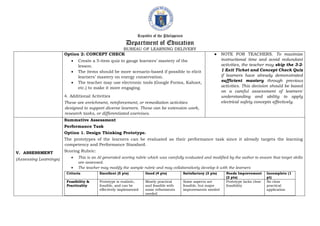 Republic of the Philippines
Department of Education
BUREAU OF LEARNING DELIVERY
Option 2: CONCEPT CHECK
 Create a 5-item quiz to gauge learners’ mastery of the
lesson.
 The items should be more scenario-based if possible to elicit
learners’ mastery on energy conservation.
 The teacher may use electronic tools (Google Forms, Kahoot,
etc.) to make it more engaging.
4. Additional Activities
These are enrichment, reinforcement, or remediation activities
designed to support diverse learners. These can be extension work,
research tasks, or differentiated exercises.
● NOTE FOR TEACHERS. To maximize
instructional time and avoid redundant
activities, the teacher may skip the 3-2-
1 Exit Ticket and Concept Check Quiz
if learners have already demonstrated
sufficient mastery through previous
activities. This decision should be based
on a careful assessment of learners'
understanding and ability to apply
electrical safety concepts effectively.
V. ASSESSMENT
(Assessing Learnings)
Summative Assessment
Performance Task
Option 1. Design Thinking Prototype.
The prototypes of the learners can be evaluated as their performance task since it already targets the learning
competency and Performance Standard.
Scoring Rubric:
 This is an AI generated scoring rubric which was carefully evaluated and modified by the author to ensure that target skills
are assessed.
 The teacher may modify the sample rubric and may collaboratively develop it with the learners
Criteria Excellent (5 pts) Good (4 pts) Satisfactory (3 pts) Needs Improvement
(2 pts)
Incomplete (1
pt)
Feasibility &
Practicality
Prototype is realistic,
feasible, and can be
effectively implemented
Mostly practical
and feasible with
some refinements
needed
Some aspects are
feasible, but major
improvements needed
Prototype lacks clear
feasibility
No clear
practical
application
 
