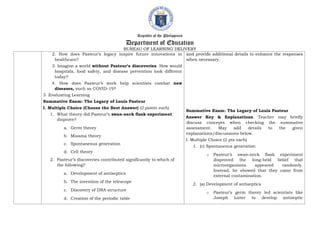 Republic of the Philippines
Department of Education
BUREAU OF LEARNING DELIVERY
2. How does Pasteur’s legacy inspire future innovations in
healthcare?
3. Imagine a world without Pasteur’s discoveries. How would
hospitals, food safety, and disease prevention look different
today?
4. How does Pasteur’s work help scientists combat new
diseases, such as COVID-19?
3. Evaluating Learning
Summative Exam: The Legacy of Louis Pasteur
I. Multiple Choice (Choose the Best Answer) (2 points each)
1. What theory did Pasteur’s swan-neck flask experiment
disprove?
a. Germ theory
b. Miasma theory
c. Spontaneous generation
d. Cell theory
2. Pasteur’s discoveries contributed significantly to which of
the following?
a. Development of antiseptics
b. The invention of the telescope
c. Discovery of DNA structure
d. Creation of the periodic table
and provide additional details to enhance the responses
when necessary.
Summative Exam: The Legacy of Louis Pasteur
Answer Key & Explanations. Teacher may briefly
discuss concepts when checking the summative
assessment. May add details to the given
explanations/discussions below.
I. Multiple Choice (2 pts each)
1. (c) Spontaneous generation
o Pasteur’s swan-neck flask experiment
disproved the long-held belief that
microorganisms appeared randomly.
Instead, he showed that they came from
external contamination.
2. (a) Development of antiseptics
o Pasteur’s germ theory led scientists like
Joseph Lister to develop antiseptic
 