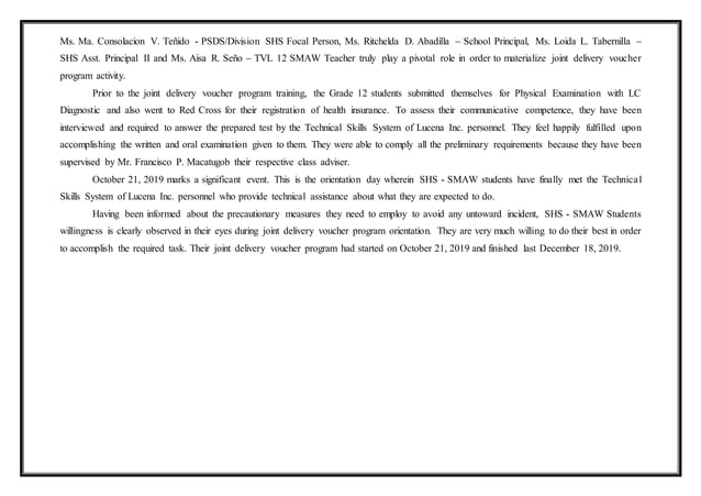 SHS_JDVP_BEST_PRACTICES_2019 - Narrative Report - Mam Itchel.docx ...