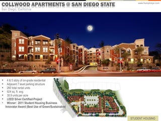 www.humphreys.com




•  4 & 5 story of on-grade residential
•  Adjacent 7 level parking structure
•  260 total rental units
•  924 sq. ft. avg.
•  38.9 units per acre
•  LEED Silver Certified Project
• Winner: 2011 Student Housing Business
  Innovator Award (Best Use of Green/Sustainable)


                                                    STUDENT HOUSING
 