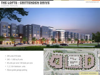 www.humphreys.com




• 295 units/ 816 beds
• 340 – 1,458 sq ft units
• 46 units per acre/ 128 beds per acre
• 1, 2, 3 & 4 bedroom units
• Above grade garage parking
                                         STUDENT HOUSING
 