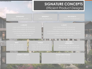 www.humphreys.com

                                                                                  SIGNATURE CONCEPTS
                                                                                      Efficient Product Designs

                            TOWNHOMES                                        BREEZEWAY                                        “BIG HOUSE”®
                    2-3 story; 15 – 18 units per acre                  3-story; 24 units per acre                       2-story; 16 - 18 units per acre




                                     e-URBAN®                                                                      e-MAX®
                      3-story surface parked; 30 units per acre                                     4-story surface parked, 52 units per acre
                      4-story surface parked; 40 units per acre                                     5-story surface parked; 62 units per acre
                      5-story surface parked; 50 units per acre                        4-story surface parked, tuck under garage; 60 units per acre
                         4-5 story wrap; 60-80 units per acre                          5-story surface parked, tuck under garage; 70 units per acre
                             Podium; 140 units per acre                                                5-story podium; 162 units per acre




                                                                                                                           HIGH RISE/
                          WRAP                                       PODIUM
                                                                                                                         “HOME RISE”®
               4-story; 80 units per acre                 4-story; 100 – 140 units per acre
                                                                                                               20-story wrap; 125-150 units per acre
               5-story; 95 units per acre                 5-story; 120-170 units per acre
                                                                                                              40-story wrap; 125 – 310 units per acre
              7-story; 125 units per acre                 7-story; 140 – 210 units per acre




                              STUDENT e-URBAN®                                                           STUDENT WRAP/PODIUM
                             4-story; 80 beds per acre                                                   4-story; 160 beds per acre
                             5-story; 90 beds per acre                                                   5-story; 200 beds per acre
                                                                                                    4 or 5-story; 220 – 270 beds per acre
 