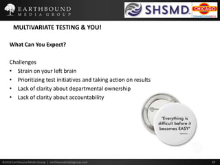 IMPACT OF TESTING – Case Study: Request Consultation TestOverview:Timeframe: 12/29/08-04/19/10Wave 4 – 811 visits / mo.Goal:Increase the conversion rate for the Request Consultation formVariables Tested:Including intro text “Get Your Free Information in 2 Minutes” (B1) continued to increase Consultation Confirmation performance 	(99% confidence)Using new button design showed an improvement in conversion rate 	(78% confidence)Winning Creative:Lift: +33.86%    Confidence: 98%+756 Request Consultation conversions more / year Leader – Creative 415