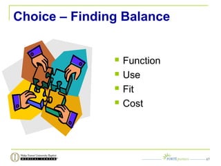 Choice – Finding Balance
 Function
 Use
 Fit
 Cost
17
 