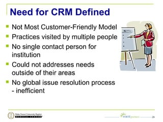 Need for CRM Defined
 Not Most Customer-Friendly Model
 Practices visited by multiple people
 No single contact person for
institution
 Could not addresses needs
outside of their areas
 No global issue resolution process
- inefficient
20
 