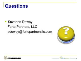 Questions
 Suzanne Dewey
Forte Partners, LLC
sdewey@fortepartnersllc.com
25
 
