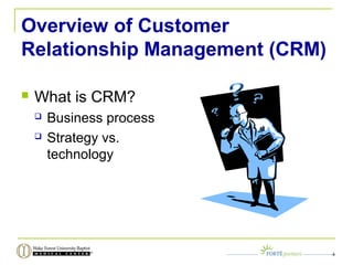 Overview of Customer
Relationship Management (CRM)
 What is CRM?
 Business process
 Strategy vs.
technology
4
 
