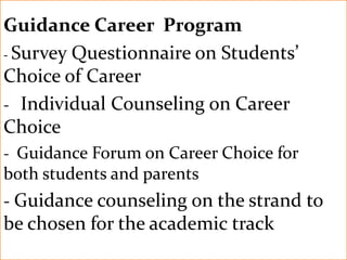 Guidance Career Program
- Survey Questionnaire on Students’
Choice of Career
- Individual Counseling on Career
Choice
- Guidance Forum on Career Choice for
both students and parents
- Guidance counseling on the strand to
be chosen for the academic track
 