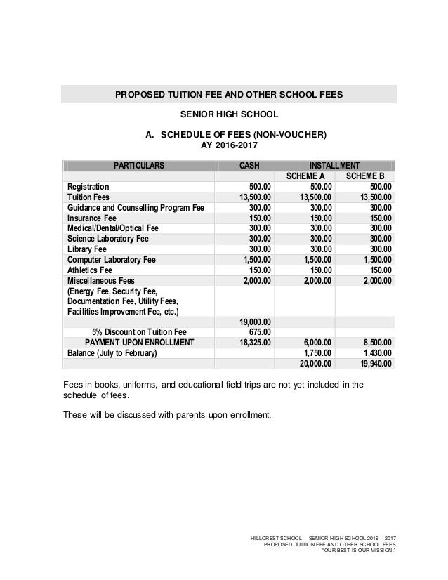 SHS Proposed Tuition and Other School Fees