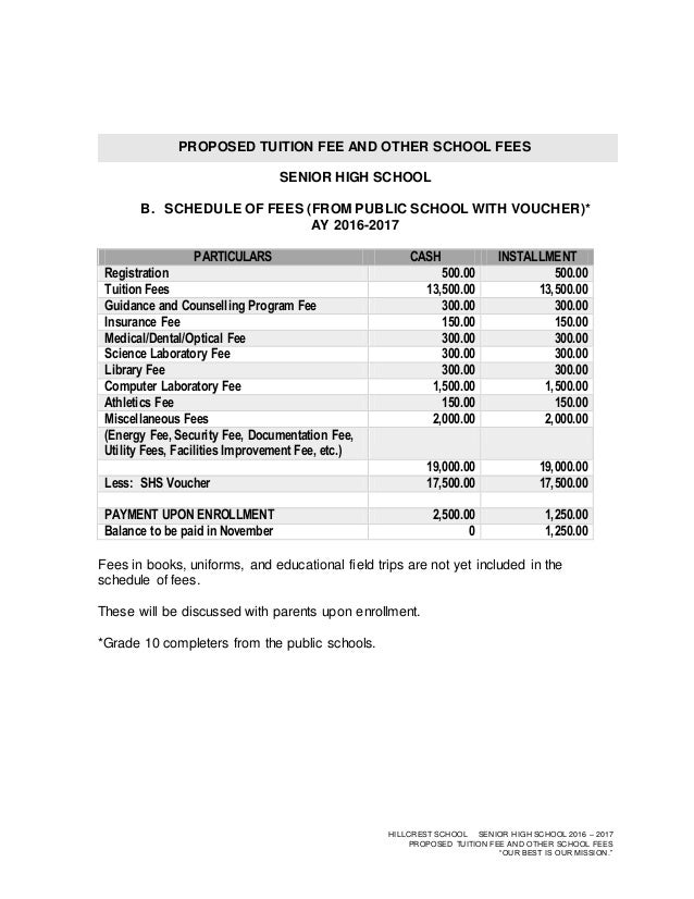 SHS Proposed Tuition and Other School Fees