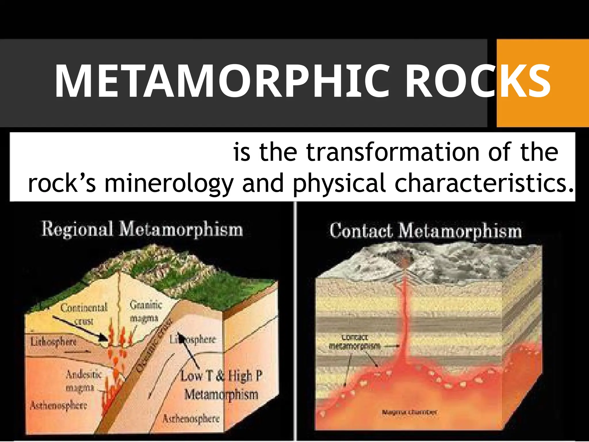 METAMORPHIC ROCKS
is the transformation of the
rock’s minerology and physical characteristics.
 
