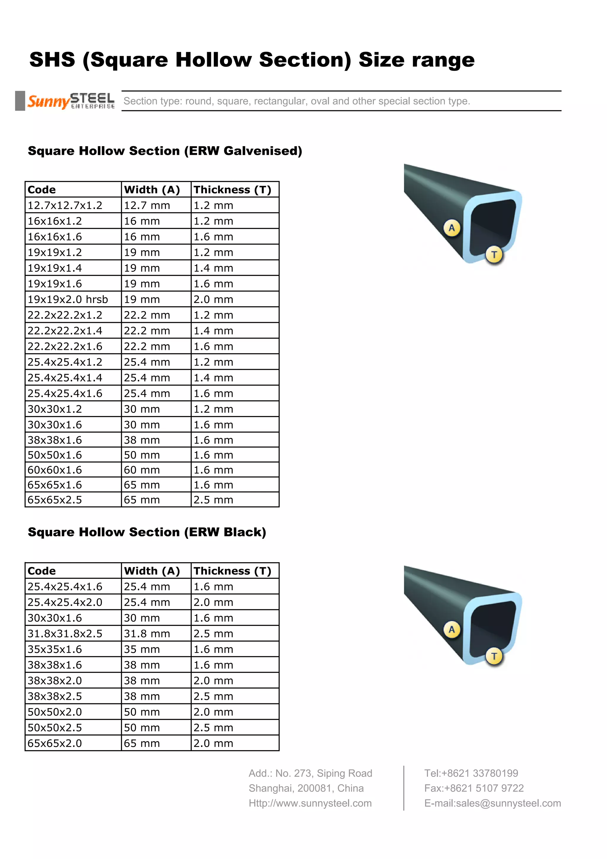Shs square Hollow Section Size Range PDF