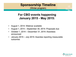 Sponsorship Timeline
(Winter program)
For CBO events happening
January 2015 - May 2015:
• August 1, 2014: Webinar available
• August 1, 2014 – September 30, 2014: Proposals due
• October 1, 2014 – December 31, 2014: Awardees
announced
• January 2015 – July 2015: Awardee reporting measurable
outcomes
 