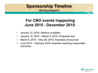 Sponsorship Timeline
(Spring program)
For CBO events happening
June 2015 - December 2015:
• January 12, 2015: Webinar available
• January 12, 2015 – March 9, 2015: Proposals due
• March 9, 2015 – May 29, 2015: Awardees announced
• June 2015 – February 2016: Awardee reporting measurable
outcomes
 