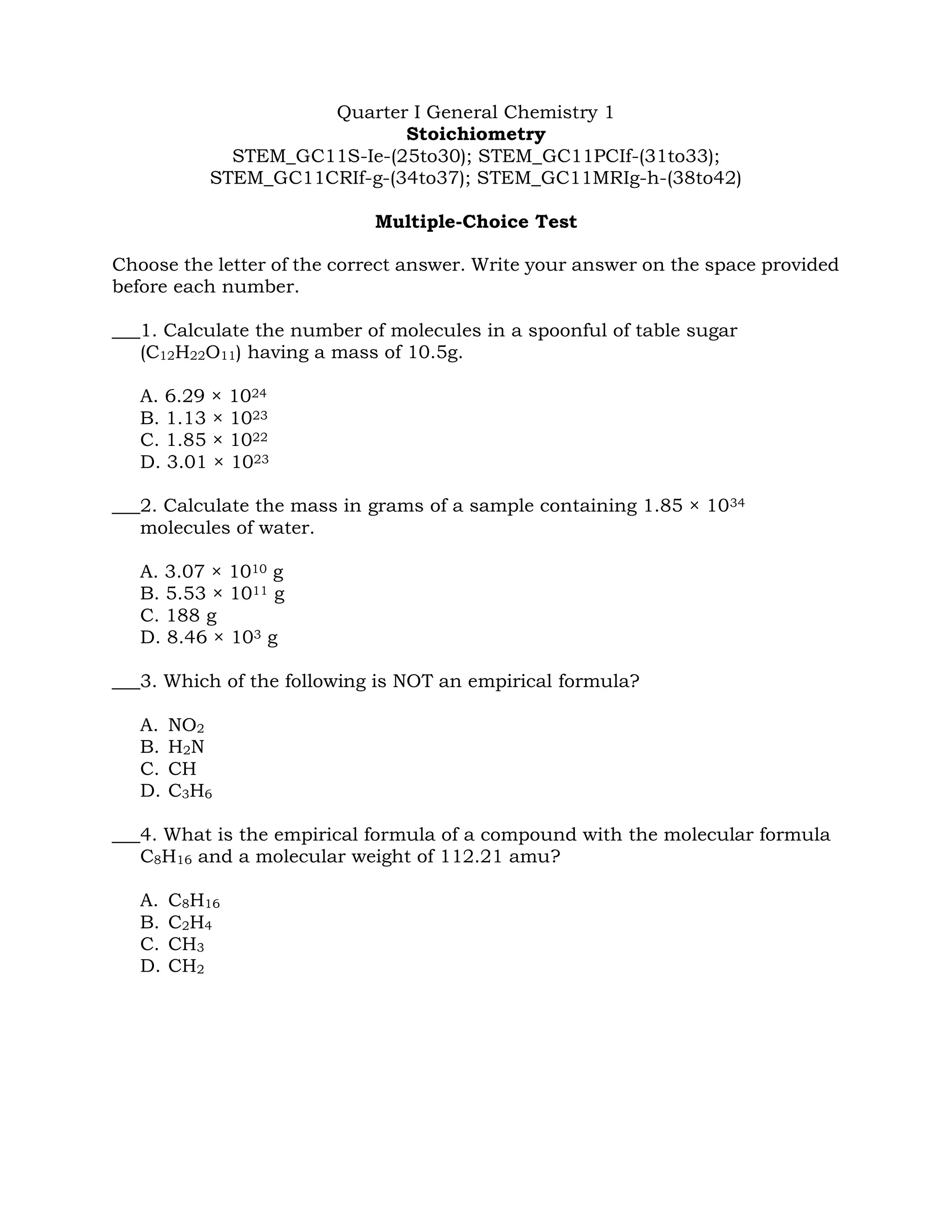SHS STEM General Chemistry MCT 4. Stoichiometry | PDF