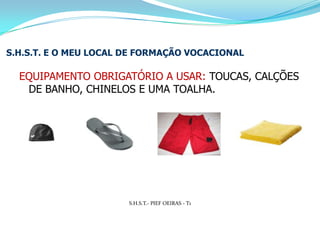 ALGUMA SINALIZAÇÃO EXISTENTES.H.S.T. E O MEU LOCAL DE FORMAÇÃO VOCACIONALSINAIS PROIBIDO: É PROIBIDO FUMAR PORQUE ESTÃO DENTRO DE UM ESPAÇO FECHADO.SINAIS DE OBRIGAÇÃO SÃO: SAÍDAS DE EMERGÊNCIA PORQUE PODE HAVER INCÊNDIOS, PERIGO DE ELECTROCUSSÃO.S.H.S.T.- PIEF OEIRAS - T1