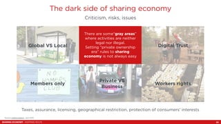 The dark side of sharing economy 
Criticism, risks, issues 
There are some“gray areas” 
where activities are neither 
lega...