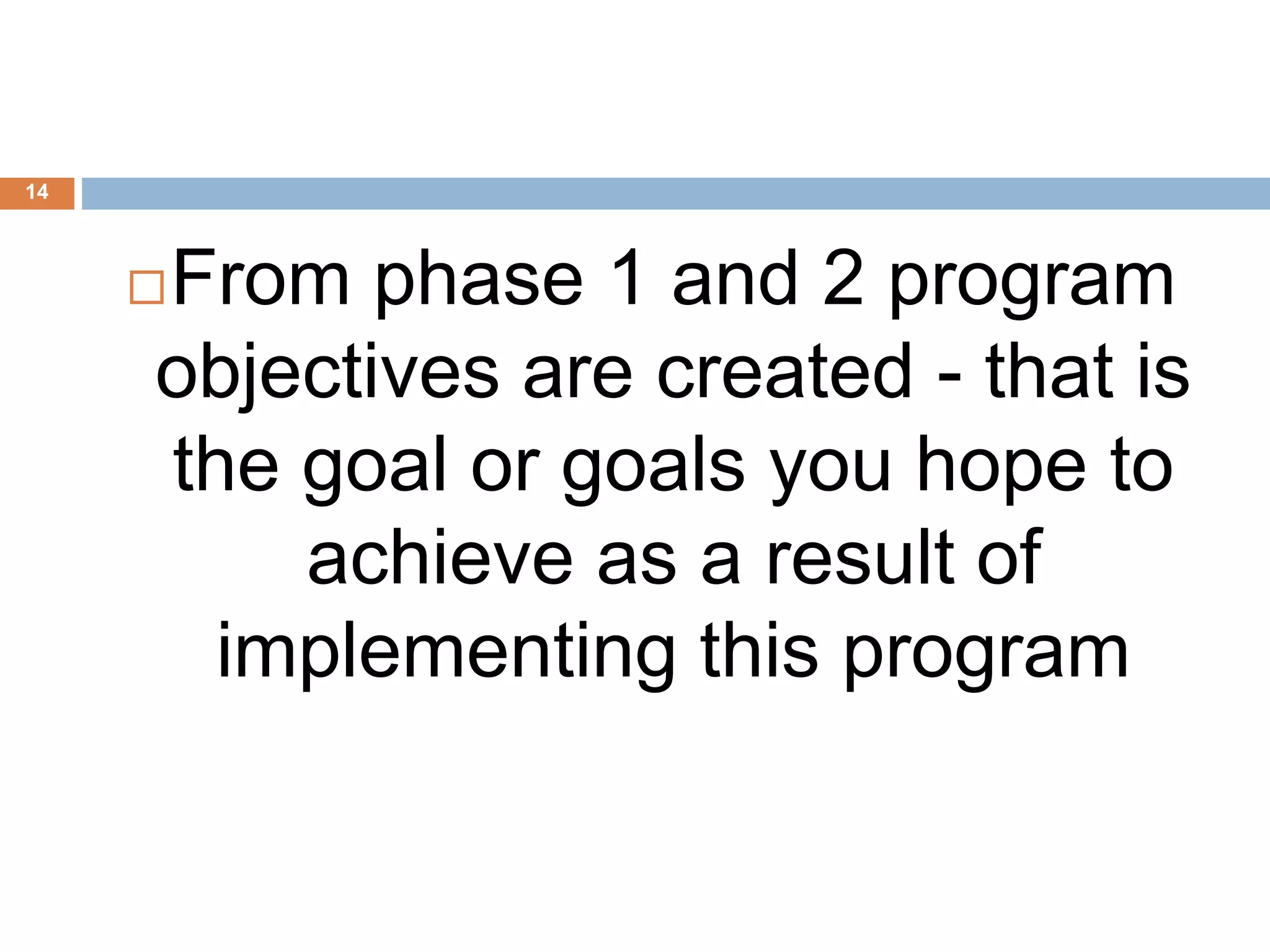 14
From phase 1 and 2 program
objectives are created - that is
the goal or goals you hope to
achieve as a result of
implementing this program
 