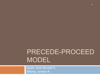 PRECEDE-PROCEED
MODEL
Apalin, Ruth Rendell D.
Batang, Jonalyn R.
1
 