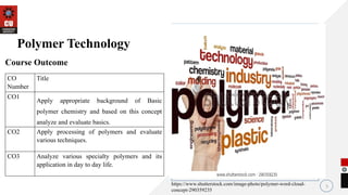 3
Polymer Technology
CO
Number
Title
CO1
Apply appropriate background of Basic
polymer chemistry and based on this concept
analyze and evaluate basics.
CO2 Apply processing of polymers and evaluate
various techniques.
CO3 Analyze various specialty polymers and its
application in day to day life.
Course Outcome
https://www.shutterstock.com/image-photo/polymer-word-cloud-
concept-290359235
 