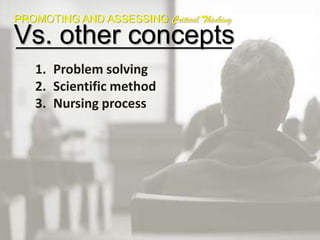 PROMOTING AND ASSESSING Critical ThinkingWhat Inhibits it?Students only learn if they hear it from us.Expectation of perfection& reinforcement of status quoDesire to finish the coverageStructure of nursing curricula