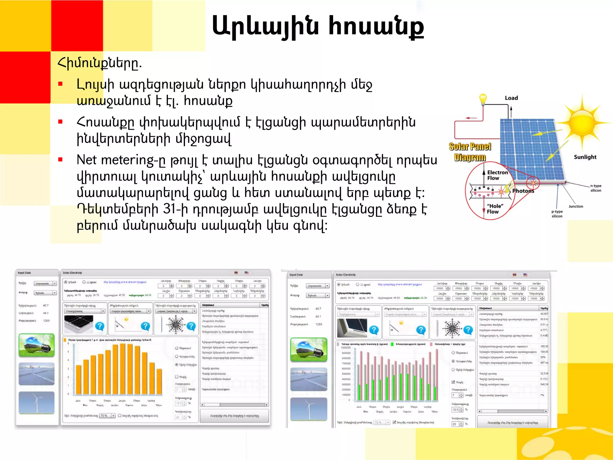 Արևային հոսանք
Հիմունքները.
 Լույսի ազդեցության ներքո կիսահաղորդչի մեջ
առաջանում է էլ. հոսանք
 Հոսանքը փոխակերպվում է էլցանցի պարամետրերին
ինվերտերների միջոցավ
 Net metering-ը թույլ է տալիս էլցանցն օգտագործել որպես
վիրտուալ կուտակիչ` արևային հոսանքի ավելցուկը
մատակարարելով ցանց և հետ ստանալով երբ պետք է:
Դեկտեմբերի 31-ի դրությամբ ավելցուկը էլցանցը ձեռք է
բերում մանրածախ սակագնի կես գնով:
 