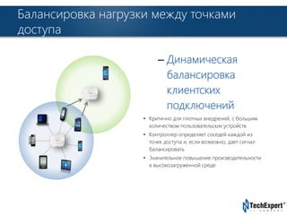 Балансировка нагрузки между точками 
доступа 
TechExpert Company 
– Динамическая 
балансировка 
клиентских 
подключений 
• Критично для плотных внедрений, с большим 
количеством пользовательских устройств 
• Контроллер определяет соседей каждой из 
точек доступа и, если возможно, дает сигнал 
балансировать 
• Значительное повышение производительности 
в высокозагруженной среде 
 