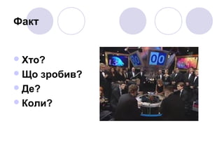Факт
Хто?
Що зробив?
Де?
Коли?
 