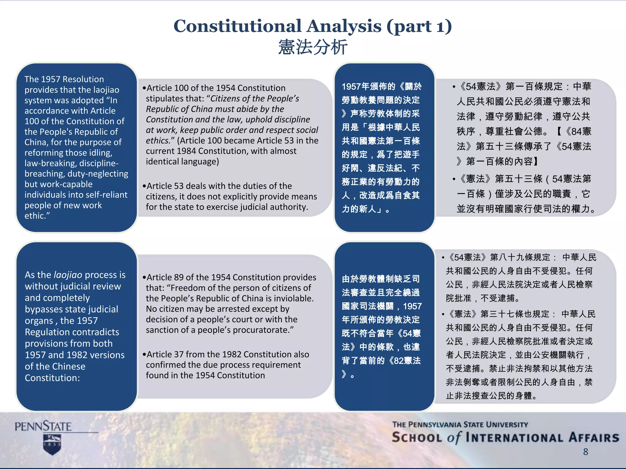Constitutional Analysis (part 1)
憲法分析
•Article 100 of the 1954 Constitution
stipulates that: “Citizens of the People’s
Republic of China must abide by the
Constitution and the law, uphold discipline
at work, keep public order and respect social
ethics.” (Article 100 became Article 53 in the
current 1984 Constitution, with almost
identical language)
•Article 53 deals with the duties of the
citizens, it does not explicitly provide means
for the state to exercise judicial authority.
The 1957 Resolution
provides that the laojiao
system was adopted “In
accordance with Article
100 of the Constitution of
the People's Republic of
China, for the purpose of
reforming those idling,
law-breaking, discipline-
breaching, duty-neglecting
but work-capable
individuals into self-reliant
people of new work
ethic.”
•Article 89 of the 1954 Constitution provides
that: “Freedom of the person of citizens of
the People’s Republic of China is inviolable.
No citizen may be arrested except by
decision of a people’s court or with the
sanction of a people’s procuratorate.”
•Article 37 from the 1982 Constitution also
confirmed the due process requirement
found in the 1954 Constitution
As the laojiao process is
without judicial review
and completely
bypasses state judicial
organs , the 1957
Regulation contradicts
provisions from both
1957 and 1982 versions
of the Chinese
Constitution:
8
•《54憲法》第一百條規定：中華
人民共和國公民必須遵守憲法和
法律，遵守勞動紀律，遵守公共
秩序，尊重社會公德。【《84憲
法》第五十三條傳承了《54憲法
》第一百條的內容】
•《憲法》第五十三條（54憲法第
一百條）僅涉及公民的職責，它
並沒有明確國家行使司法的權力。
1957年頒佈的《關於
勞動教養問題的決定
》声称劳教体制的采
用是「根據中華人民
共和國憲法第一百條
的規定，爲了把遊手
好閑、違反法紀、不
務正業的有勞動力的
人，改造成爲自食其
力的新人」。
•《54憲法》第八十九條規定： 中華人民
共和國公民的人身自由不受侵犯。任何
公民，非經人民法院決定或者人民檢察
院批准，不受逮捕。
•《憲法》第三十七條也規定： 中華人民
共和國公民的人身自由不受侵犯。任何
公民，非經人民檢察院批准或者決定或
者人民法院決定，並由公安機關執行，
不受逮捕。禁止非法拘禁和以其他方法
非法剝奪或者限制公民的人身自由，禁
止非法搜查公民的身體。
由於勞教體制缺乏司
法審查並且完全繞過
國家司法機關，1957
年所頒佈的勞教決定
既不符合當年《54憲
法》中的條款，也違
背了當前的《82憲法
》。
 