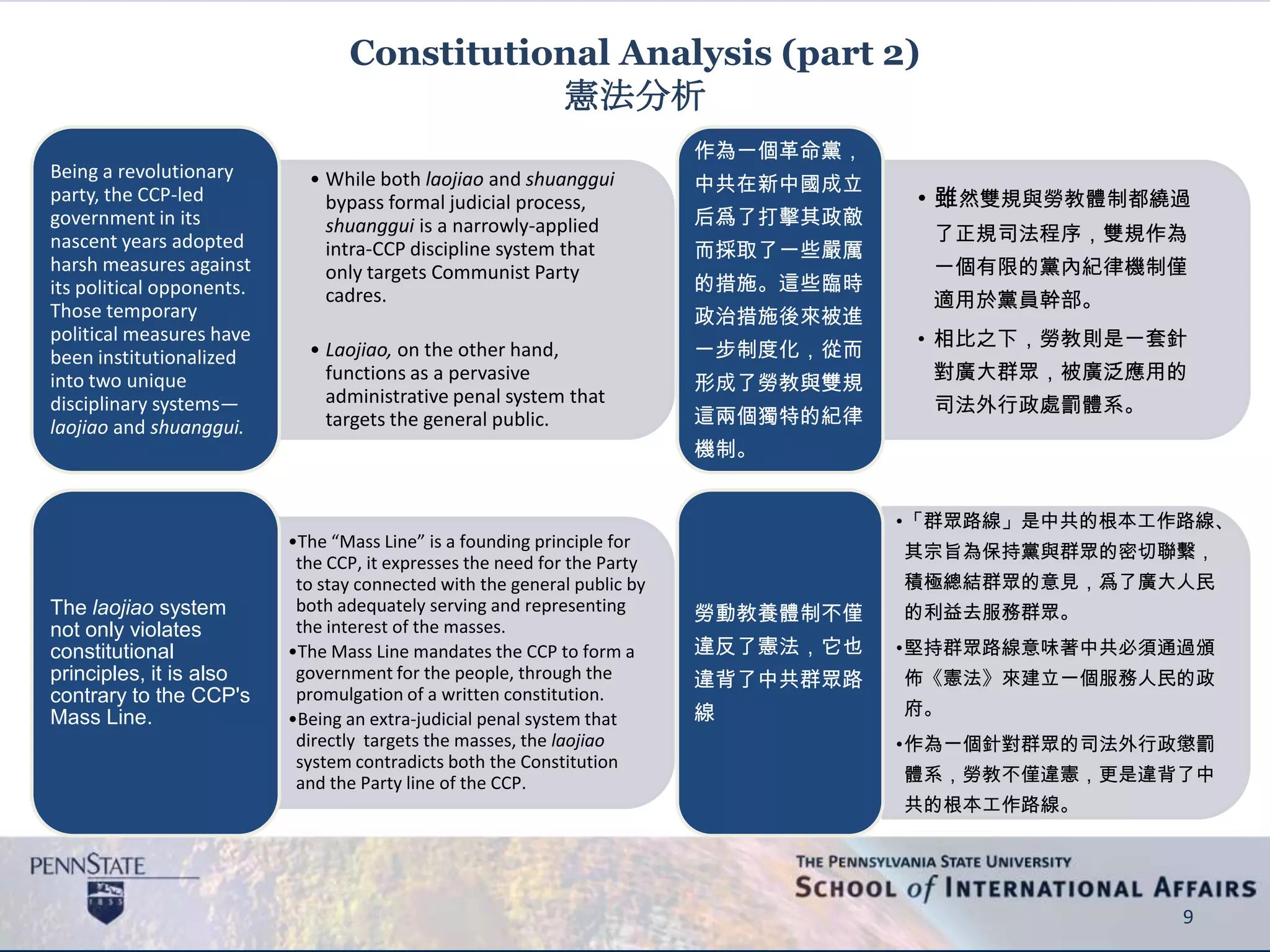 Constitutional Analysis (part 2)
憲法分析
• While both laojiao and shuanggui
bypass formal judicial process,
shuanggui is a narrowly-applied
intra-CCP discipline system that
only targets Communist Party
cadres.
• Laojiao, on the other hand,
functions as a pervasive
administrative penal system that
targets the general public.
Being a revolutionary
party, the CCP-led
government in its
nascent years adopted
harsh measures against
its political opponents.
Those temporary
political measures have
been institutionalized
into two unique
disciplinary systems—
laojiao and shuanggui.
•The “Mass Line” is a founding principle for
the CCP, it expresses the need for the Party
to stay connected with the general public by
both adequately serving and representing
the interest of the masses.
•The Mass Line mandates the CCP to form a
government for the people, through the
promulgation of a written constitution.
•Being an extra-judicial penal system that
directly targets the masses, the laojiao
system contradicts both the Constitution
and the Party line of the CCP.
The laojiao system
not only violates
constitutional
principles, it is also
contrary to the CCP's
Mass Line.
9
• 雖然雙規與勞教體制都繞過
了正規司法程序，雙規作為
一個有限的黨內紀律機制僅
適用於黨員幹部。
• 相比之下，勞教則是一套針
對廣大群眾，被廣泛應用的
司法外行政處罰體系。
作為一個革命黨，
中共在新中國成立
后爲了打擊其政敵
而採取了一些嚴厲
的措施。這些臨時
政治措施後來被進
一步制度化，從而
形成了勞教與雙規
這兩個獨特的紀律
機制。
•「群眾路線」是中共的根本工作路線、
其宗旨為保持黨與群眾的密切聯繫，
積極總結群眾的意見，爲了廣大人民
的利益去服務群眾。
•堅持群眾路線意味著中共必須通過頒
佈《憲法》來建立一個服務人民的政
府。
•作為一個針對群眾的司法外行政懲罰
體系，勞教不僅違憲，更是違背了中
共的根本工作路線。
勞動教養體制不僅
違反了憲法，它也
違背了中共群眾路
線
 