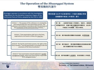 The Operation of the Shuanggui System
雙規機制的運作
Shuanggui operates in accordance with the Investigation
Regulations for the Discipline Inspection Organs of the
Communist Party of China, adopted by the CCDI in 1994:
Article 1: “…The purpose of this ordinance is to standardize
and institutionalize the case examination process. This
ordinance is formulated in accordance with the provisions of
the Constitution of the Communist Party of China…”
Article 6: “Case examinations shall rely on the Party
organizations at all levels to follow the mass line...”
Article 8: “During the examination process, the rights of the
Party members…must be guaranteed in accordance with the
provisions of the Party Constitution.”
Article 9: “Case examinations should implement a graded
management system, where each level shall be responsible
for its delegated duties.”
雙規根據1994年中紀委頒佈的《中國共產黨紀律檢
查機關案件檢查工作條例》運行
第一條： …為使案件檢查工作規範化、制度化，提高辦
案質量和效率，根據中國共產黨章程有關規定，結合案
件檢查工作的實踐，制定本條例。
第六條：案件檢查要依靠黨的各級組織，走群眾路線…
第八條：案件檢查中，要切實保障黨員包括被檢查的黨
員行使黨章所賦予的各項權利。
第九條：案件檢查實行分級辦理、各負其責的工作制度。
12
 