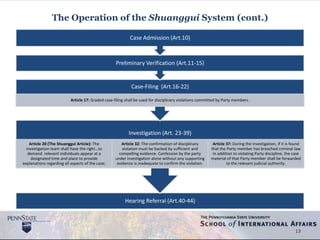 The Operation of the Shuanggui System (cont.)
13
Hearing Referral (Art.40-44)
Investigation (Art. 23-39)
Article 28 (The Shuanggui Article): The
investigation team shall have the right…to
demand relevant individuals appear at a
designated time and place to provide
explanations regarding all aspects of the case;
Article 32: The confirmation of disciplinary
violation must be backed by sufficient and
compelling evidence. Confession by the party
under investigation alone without any supporting
evidence is inadequate to confirm the violation.
Article 37: During the investigation, if it is found
that the Party member has breached criminal law
in addition to violating Party discipline, the case
material of that Party member shall be forwarded
to the relevant judicial authority.
Case-Filing (Art.16-22)
Article 17: Graded case-filing shall be used for disciplinary violations committed by Party members.
Preliminary Verification (Art.11-15)
Case Admission (Art.10)
 