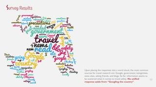 19
Upon placing the responses into a word cloud, the most common
sources for travel research are: Google, government ratin...