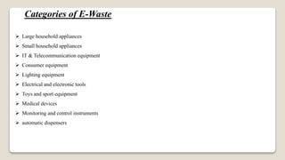 Categories of E-Waste
 Large household appliances
 Small household appliances
 IT & Telecommunication equipment
 Consumer equipment
 Lighting equipment
 Electrical and electronic tools
 Toys and sport equipment
 Medical devices
 Monitoring and control instruments
 automatic dispensers
 