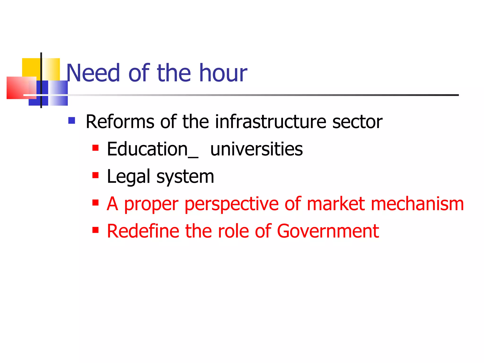 Need of the hour Reforms of the infrastructure sector Education_  universities Legal system A proper perspective of market mechanism Redefine the role of Government 