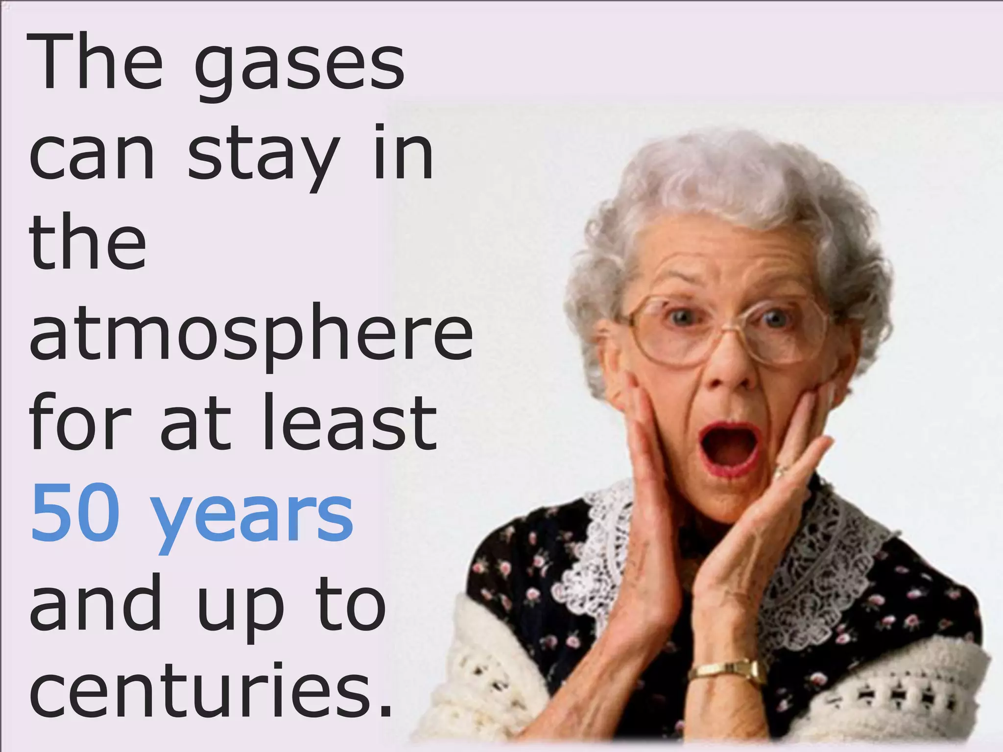 The gases
can stay in
the
atmosphere
for at least
50 years
and up to
centuries.