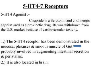 5-HT4-7 Receptors
5-HT4 Agonist :-
Cisapride is a Serotonin and cholinergic
agonist used as a prokinetic drug. Its was withdrawn from
the U.S. market because of cardiovascular toxicity.
1.) The 5-HT4 receptor has been demonstrated in the
mucosa, plexuses & smooth muscle of Gut
probably involved in augmenting intestinal secretion
& peristalsis.
2.) It is also located in brain.
 